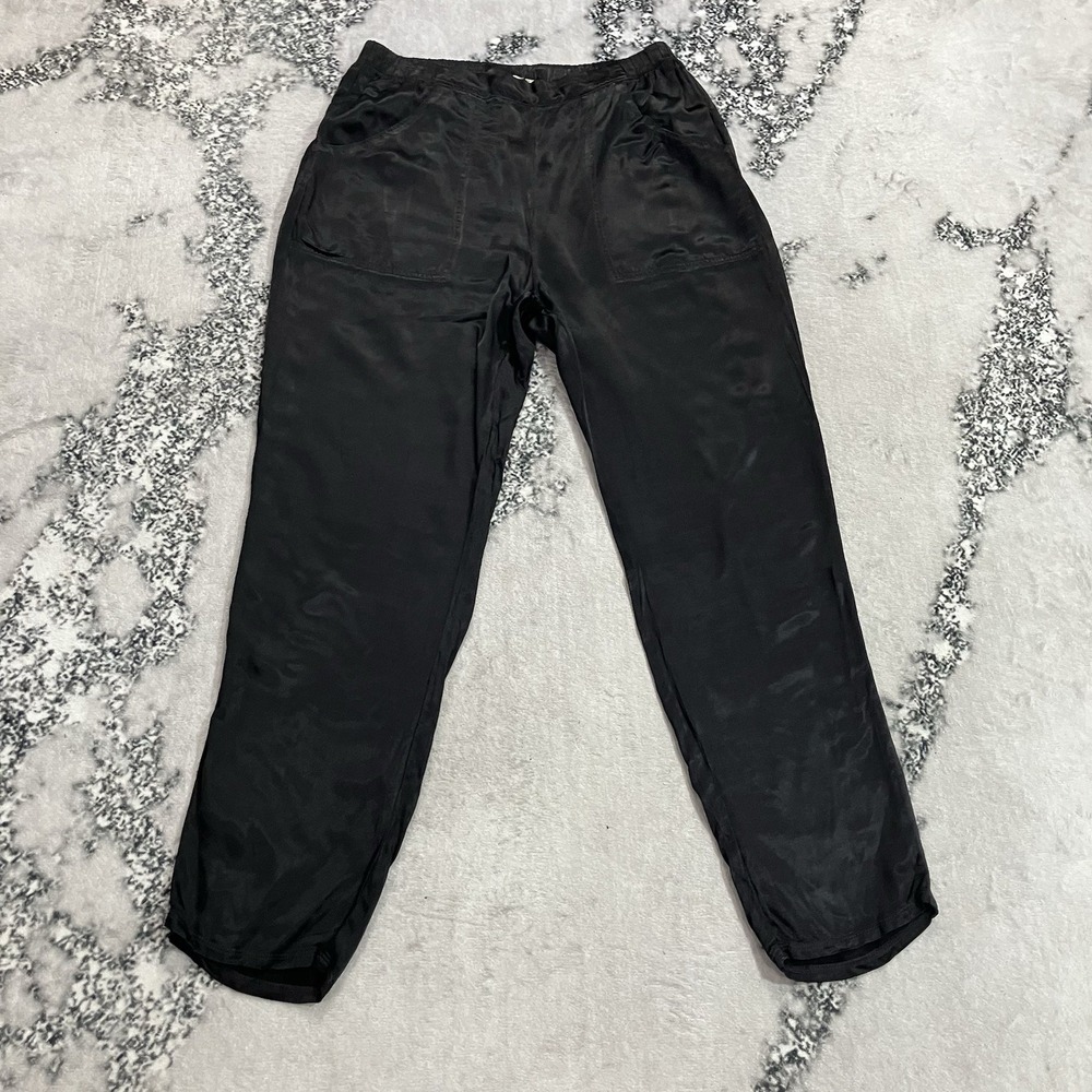 Nation LTD Womens S Black Satin Jogger Pants Drawstring Pockets Made in USA